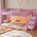 ADORNEVE Low Bunk Bed Twin Over Twin with Storage Stairs, Drawers & Shelves, RGB LED Lights Metal Floor Bunk with Power Outlet, Full-Length Guardrail & Metal Slats, for Small Space, Kids, Pink