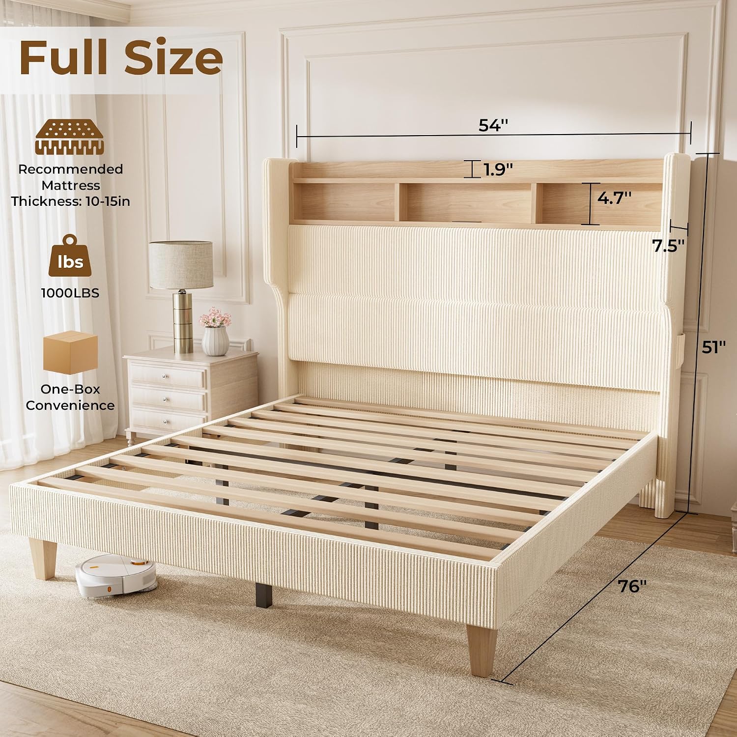 HOMRELEXA Full Size Girls Bed Frame with 51' Tall Headboard, LED Lights & Charging Station, Corduroy Upholstered Platform Bed with Storage Shelf, No Box Spring Needed, Cream