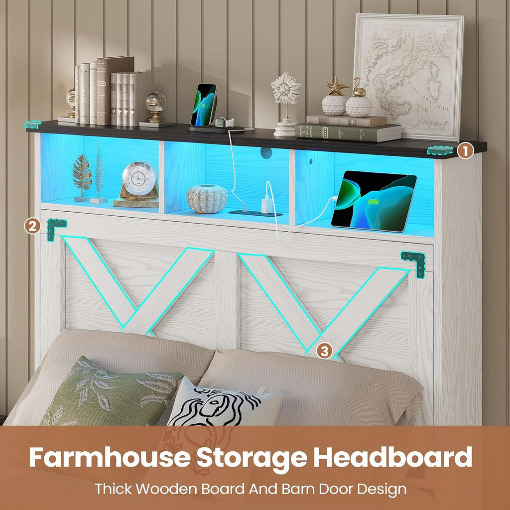 Hasuit Farmhouse Bed Frame Twin Size with Storage Headboard, Charging Station and LED Light, Wooden Twin Bed Frame with Storage Ottoman, Barn Door Design, No Box Spring Needed, No Noise (Walnut White)