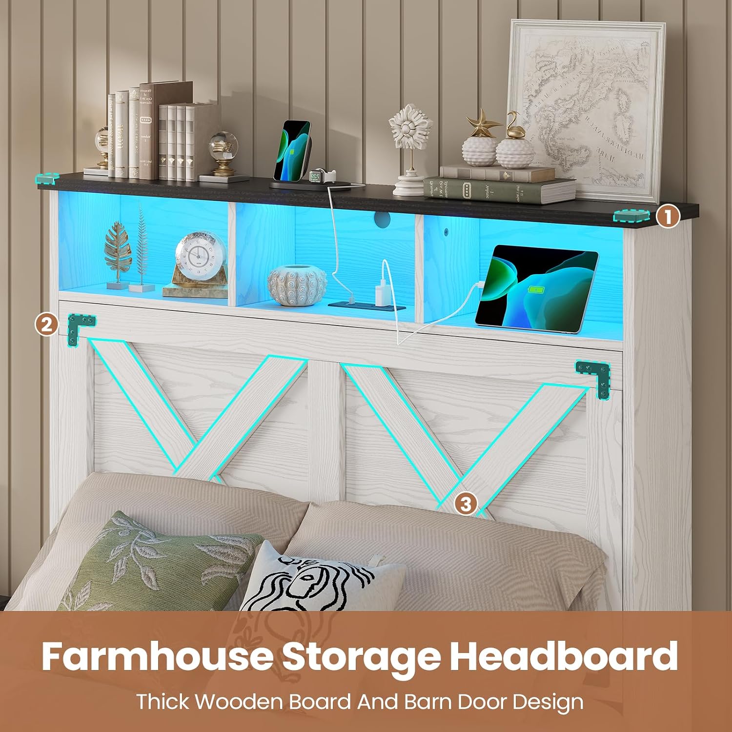 Hasuit Farmhouse Bed Frame Twin Size with Storage Headboard, Charging Station and LED Light, Wooden Twin Bed Frame with Storage Ottoman, Barn Door Design, No Box Spring Needed, No Noise (Walnut White)