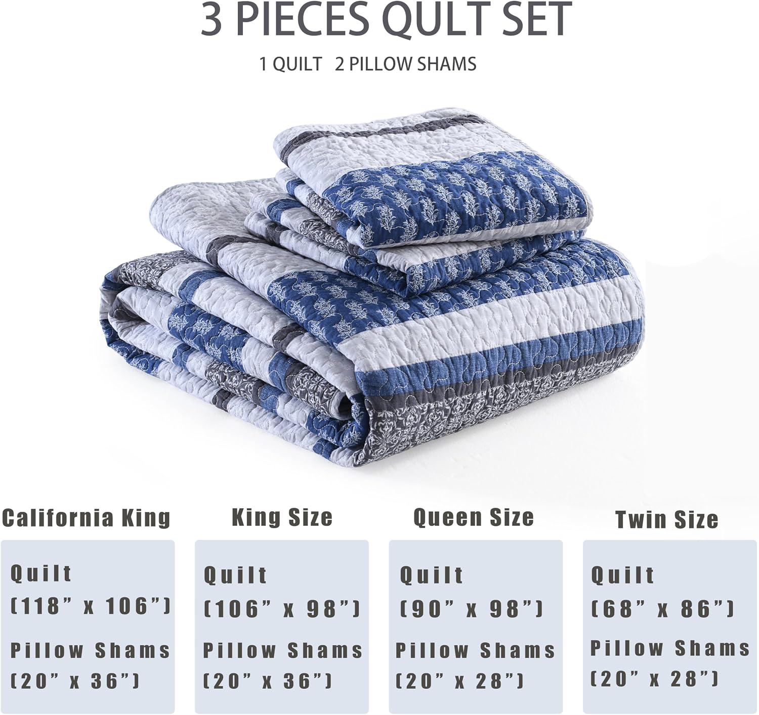 Homzard Quilt Bedding Set King Size,100% Cotton King Size Comforter Set,Gray Blue Quilts Bedspread for The Bed, Striped Farmhouse Lightweight Bedding (106 * 98 Inch) and 2 Pillow Shams All Season