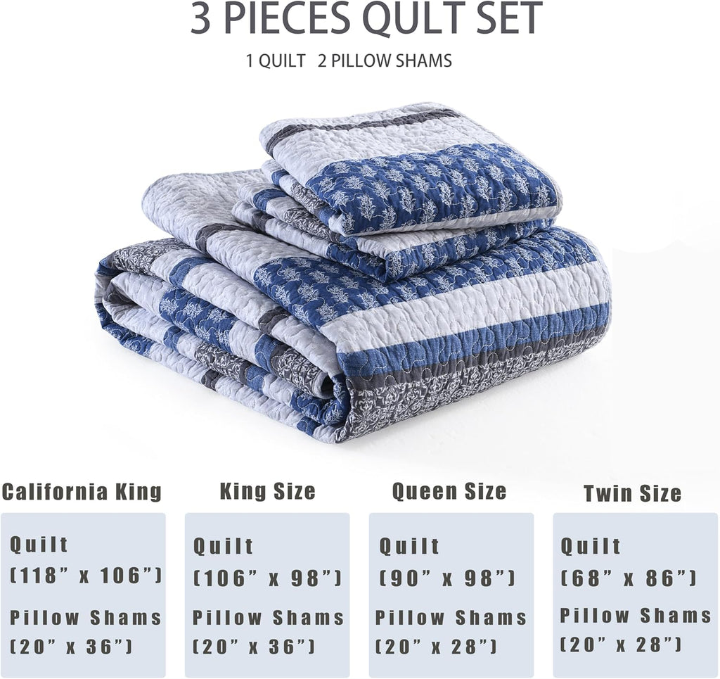 Homzard 100% Cotton Quilt Set,California King 118'' x 106'' Oversized Bedspread Set with 2 Pillow Shams, Blue Gray Lightweight Comforter Set Striped Floral Bedding Sets, 3 Piece King Bed Set | Breathable Bedding
