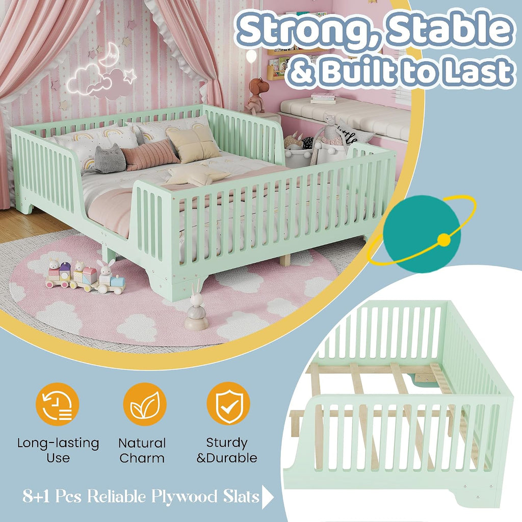 Montessori Full Floor Bed with High Rails and Removable Doors, Wood Low Profile Kids Full Size Bed Frame for Girls Boys, Safe Montessori Crib Floor Bed with Slats ,No Box Spring Needed, Green