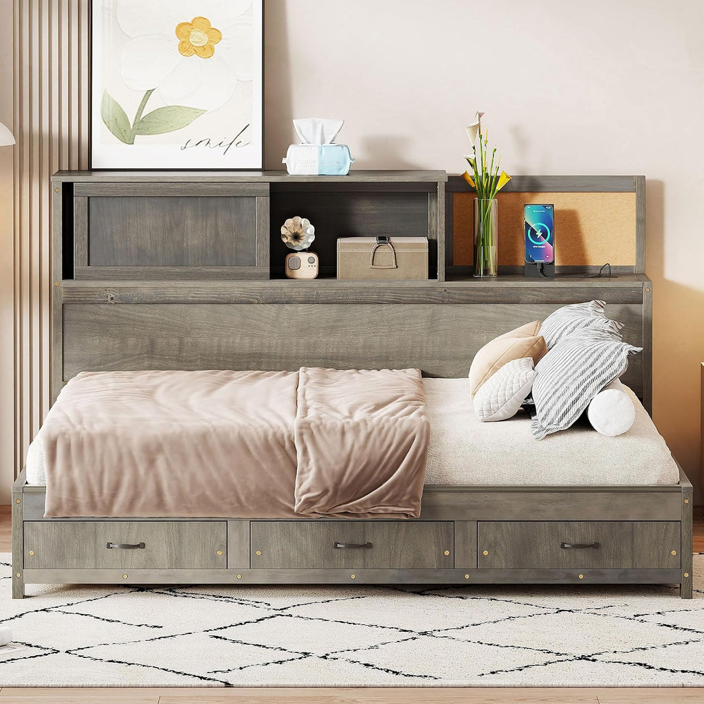 Wooden Daybed with 3 Storage Drawers, Upper Soft Board, Shelf, and a Set of Sockets and USB Ports, Full Size, Gray