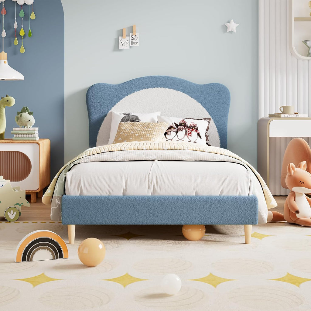 GarveeHome Twin Size Bed Frame for Kids - Cute Velvet Princess Platform Bed with Upholstered Headboard for Girls/Boys, Solid Wood Slats Support, No Box Spring Needed, Blue + White