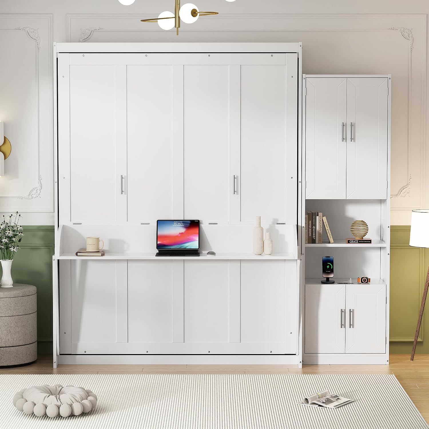 PVWIIK Queen Murphy Cabinet Bed with Desk & Storage Shelf for Adult Boys Girls Bedroom Guest Room Living Room,Wall Bedframe Folding into Cabinet Design,White