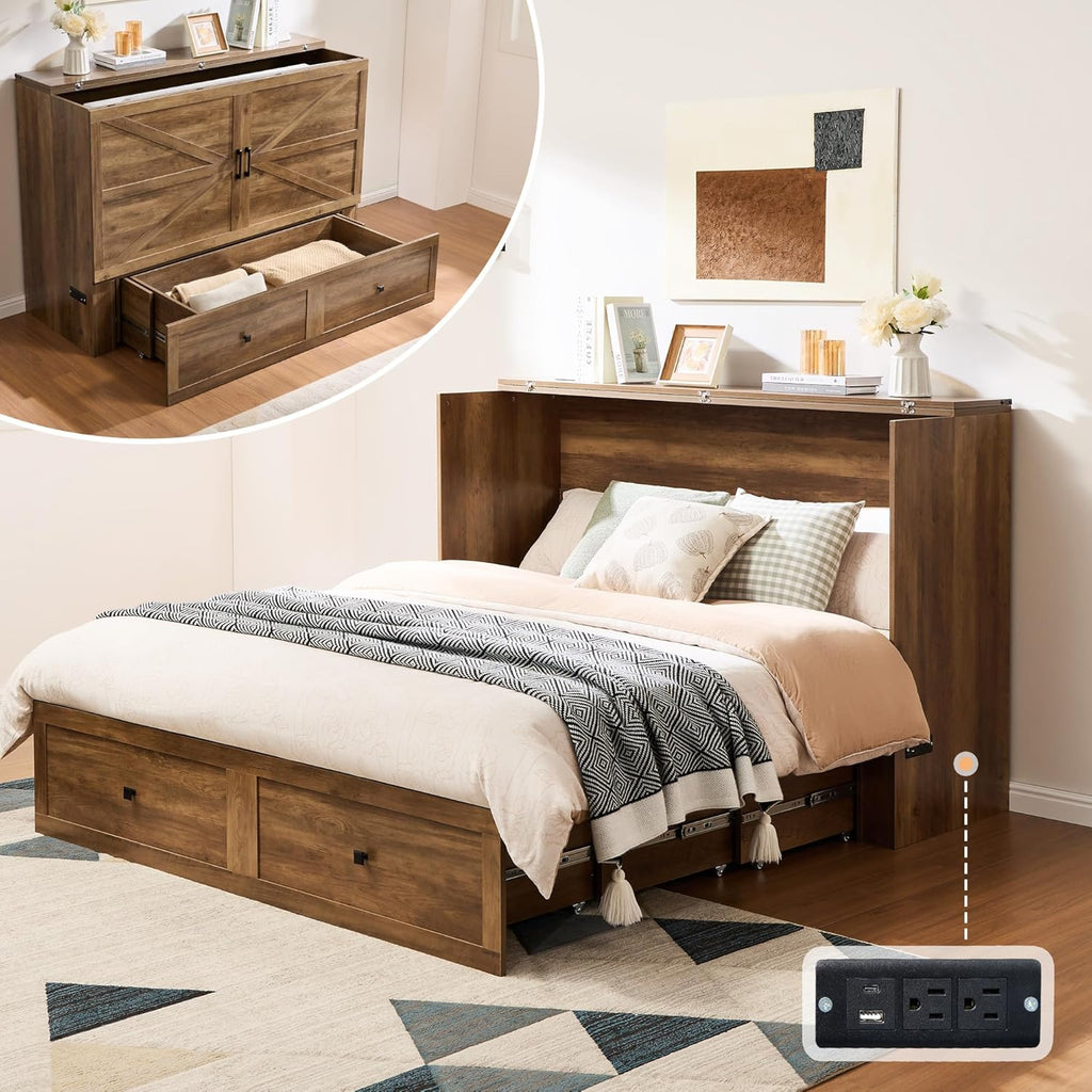 AMERLIFE Full Murphy Bed Cabinet with Charging Station and Storage, Farmhouse Foldable Platform Bed for Guest Room, Office, Small Spaces, Barnwood