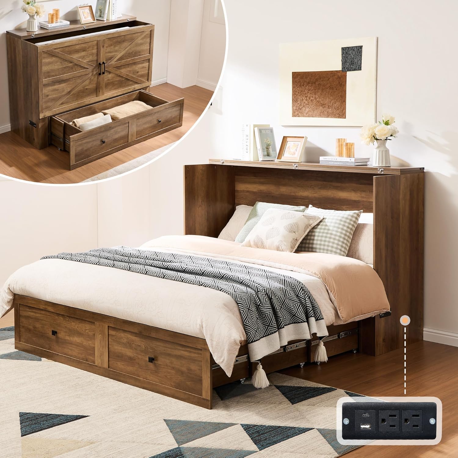 AMERLIFE Full Murphy Bed Cabinet with Charging Station and Storage, Farmhouse Foldable Platform Bed for Guest Room, Office, Small Spaces, Barnwood