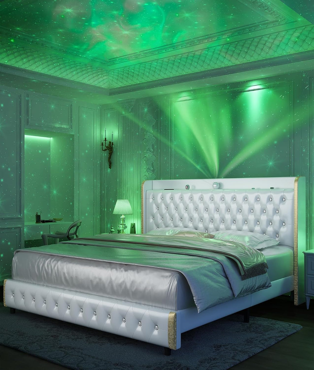 Full Modern Wingback Upholstered Platform Bed Frame with Galaxy Projector, LED Bed Frame, Sturdy Noiseless Design, Headboard with Star Accents, Simple Assembly, No Box Spring Needed, PU White