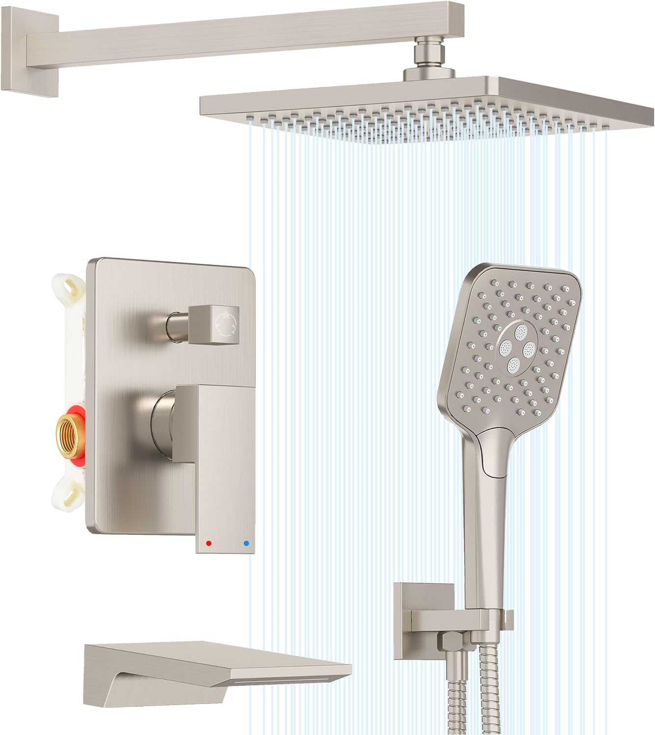 Gabrylly Shower System with Tub Spout, Wall Mounted Tub Shower Faucet Set for Bathroom with High Pressure 10' Rain Shower head and 3-Setting Handheld Shower Head Set,Brushed Nickel
