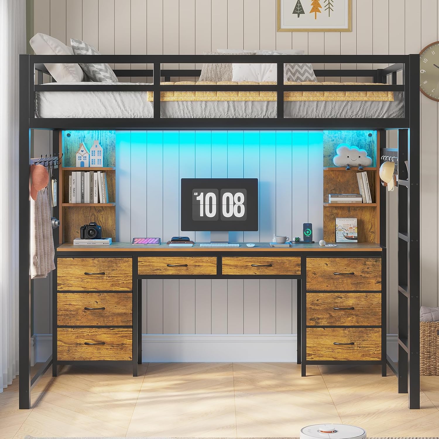ADORNEVE Full Size Loft Bed with Desk and 8 Storage Drawers, Metal Loft Beds Full with LED Lights & Charging Sation, Heavy Duty Loft Bed Frame with 6 Storage Shelves, Space-Saving, Rustic Brown
