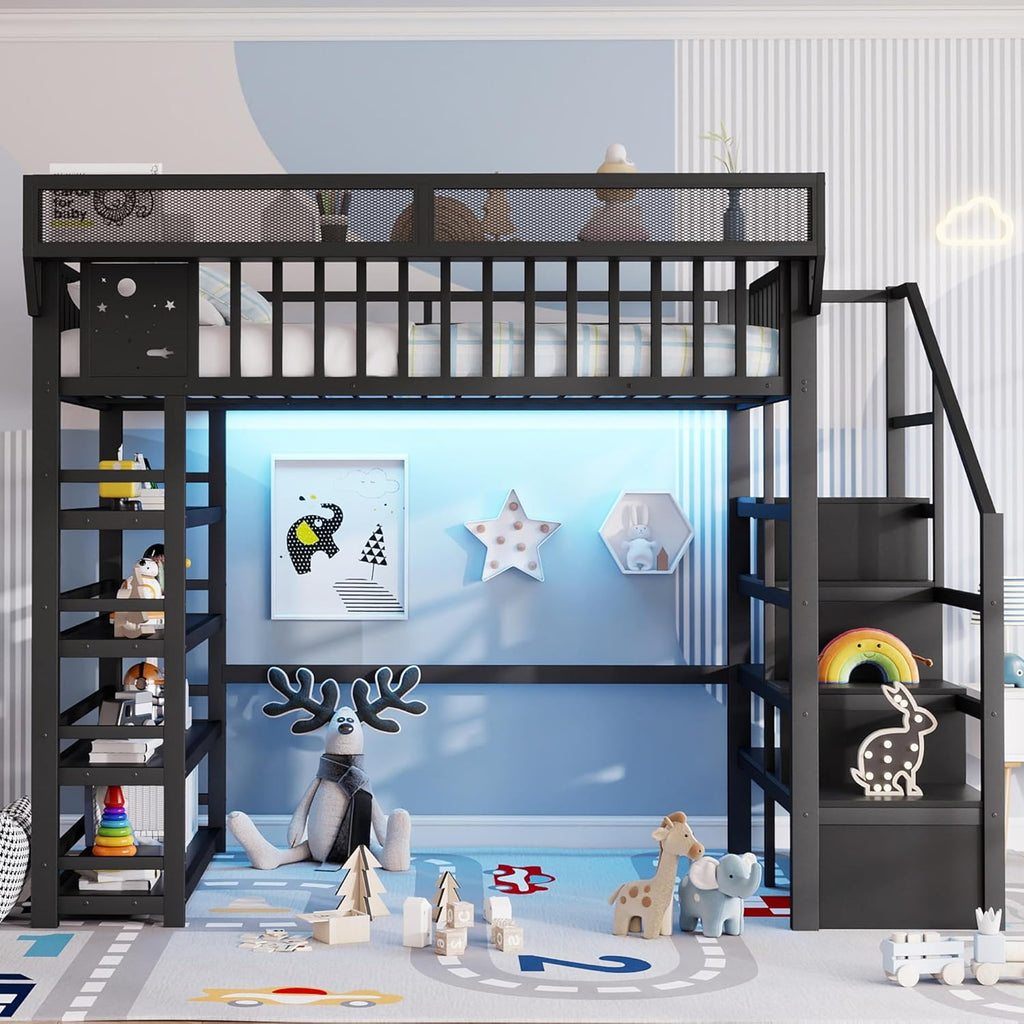 Full Size Metal Loft Bed with RGB Lights and Charging Station,High Loft Beds with 4 Shelf Bookcase and Storage Stairs,Heavy Duty Bed Frame with High Guardrail for Kids Teens,Black