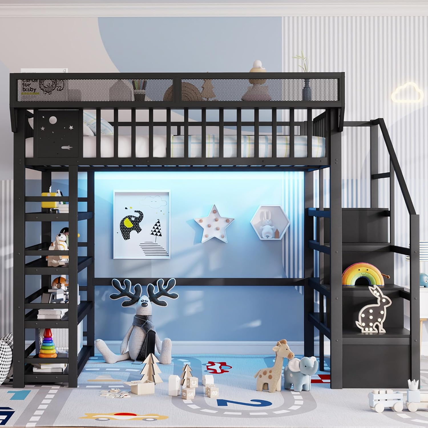 Full Size Metal Loft Bed with RGB Lights and Charging Station,High Loft Beds with 4 Shelf Bookcase and Storage Stairs,Heavy Duty Bed Frame with High Guardrail for Kids Teens,Black