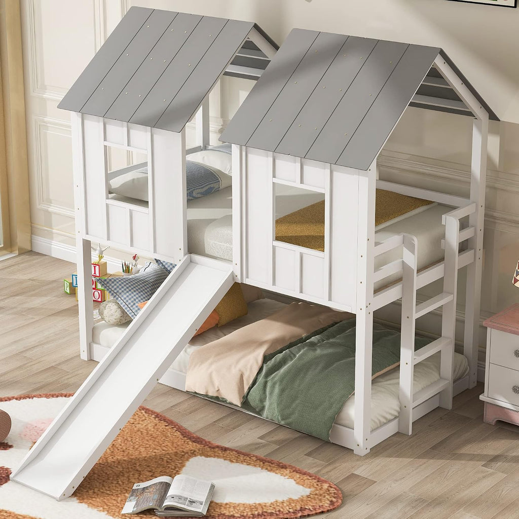 Polibi Slide Wooden Bunk Bed with Windows, Ladder, Guardrails and Twin Size in White