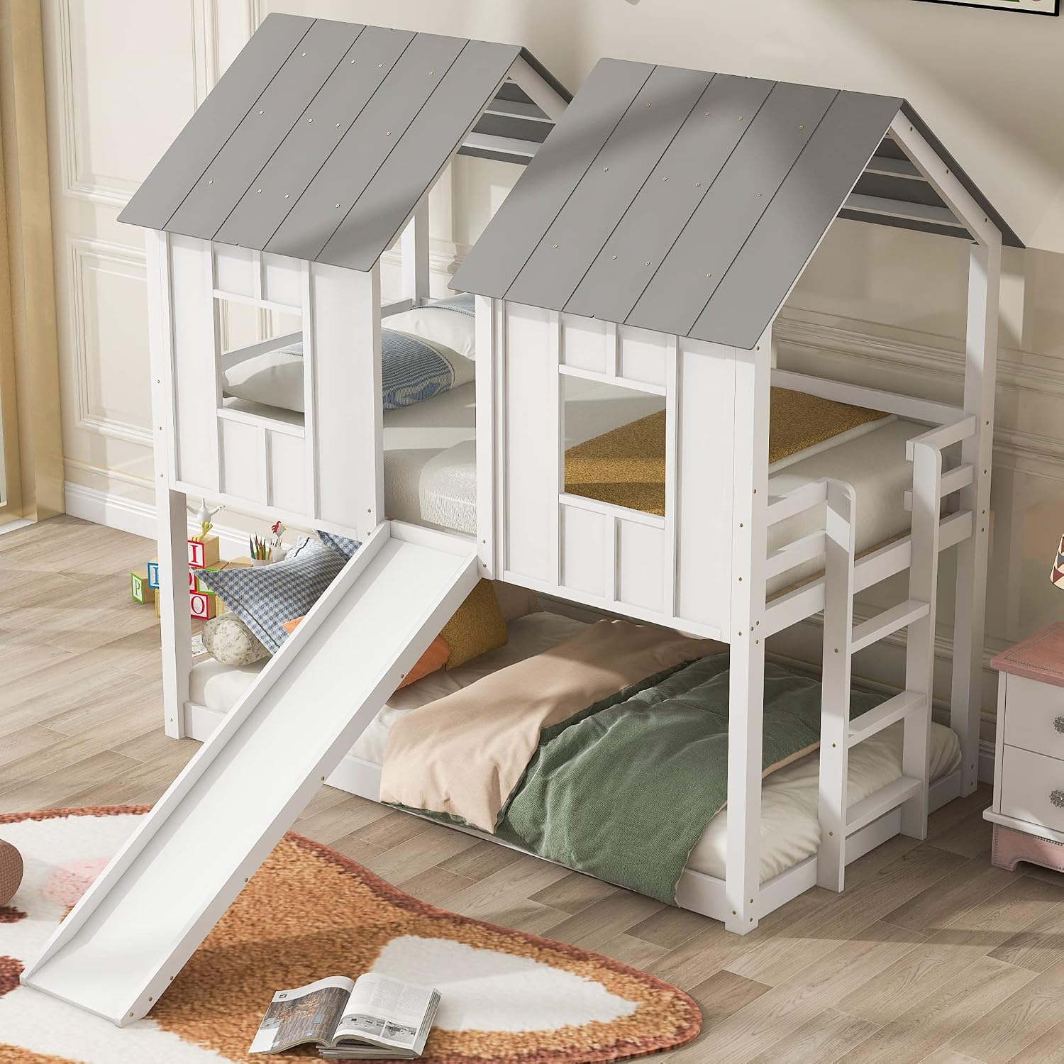 Polibi Slide Wooden Bunk Bed with Windows, Ladder, Guardrails and Twin Size in White