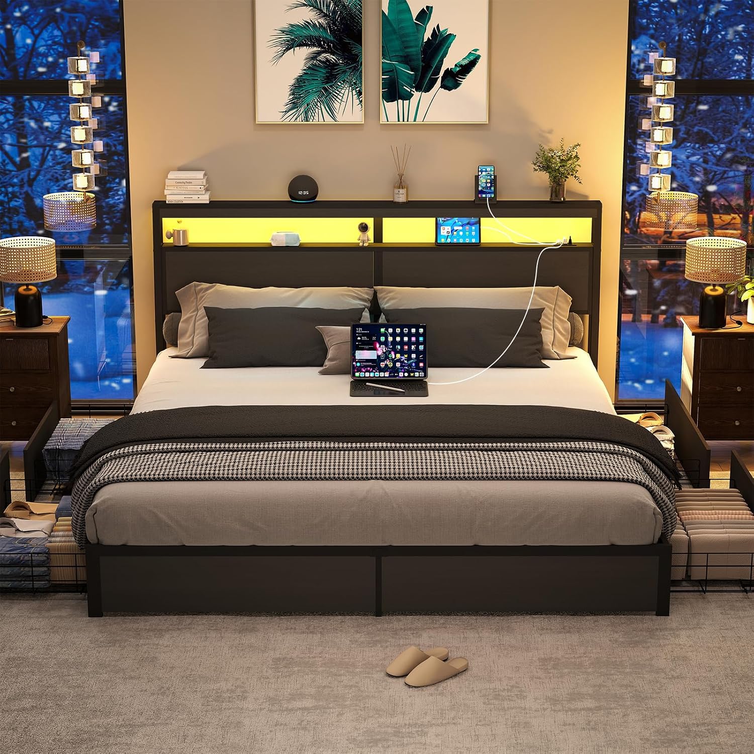 SADENICEL King Bed Frame with Storage Headboard and 4 Drawers, Metal Platform Bed Frame with LED Light, Charging Station, No Box Spring Needed, Noise Free, Easy Assembly, Rustic Grey