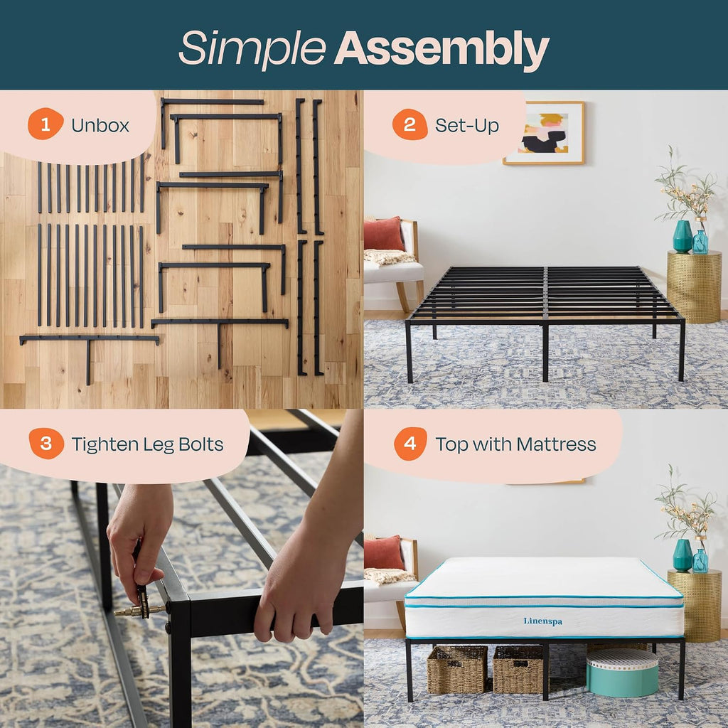 Linenspa Heavy Duty Metal Platform Bed Frame - No Box Spring Needed - Underbed Storage - Simple Toolless Assembly - 14' High - Sturdy - Steel Slats - Sleek Modern Design - King Size
