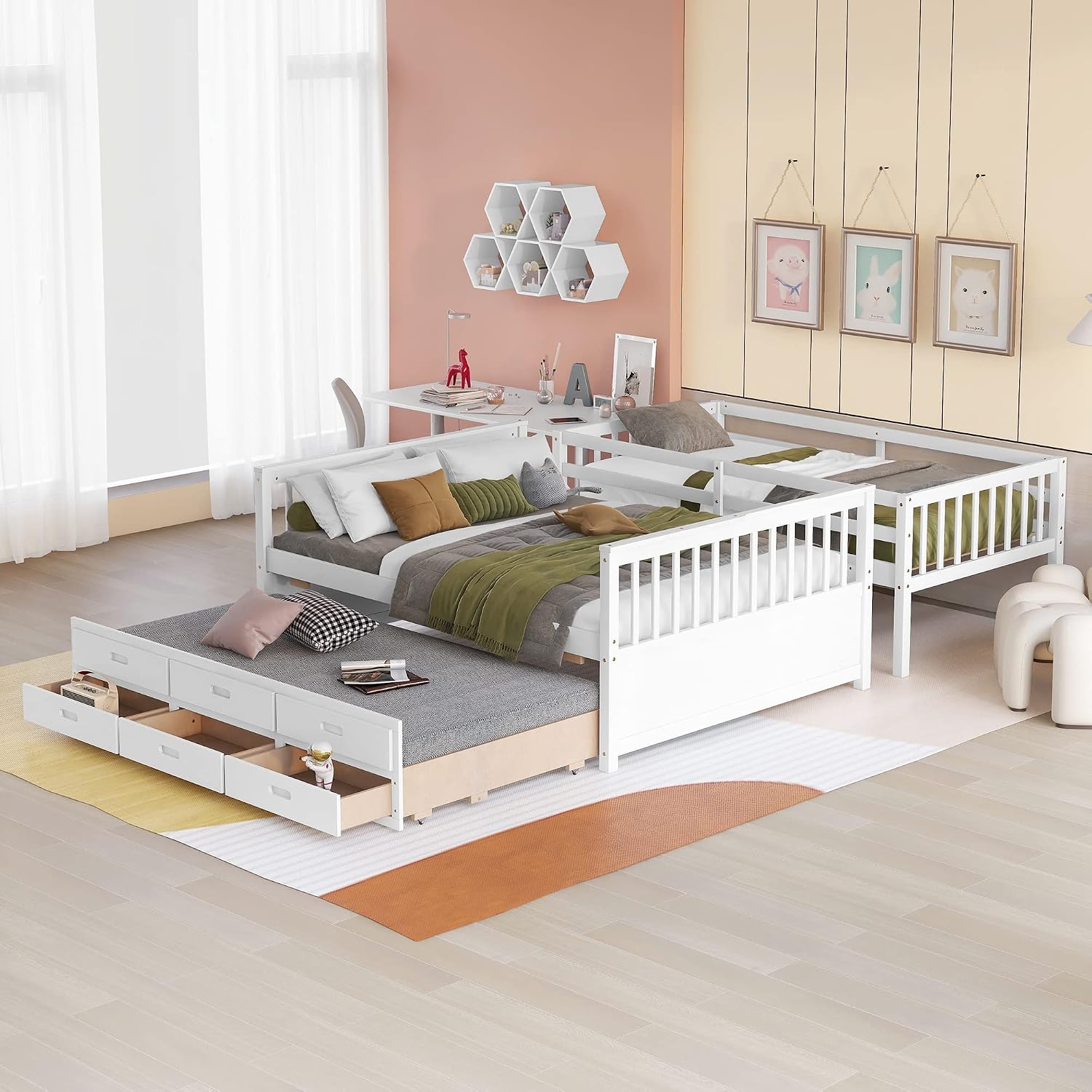 Harper & Bright Designs Twin Over Full Bunk Bed with Trundle, Solid Wood Bunk Bed Frame with Storage Drawers, for Kids Teens Adults (White)