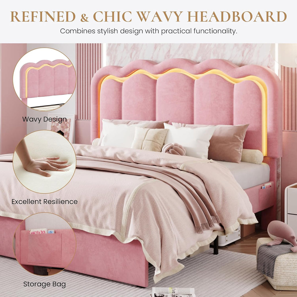 SHA CERLIN Upholstered Queen Size Bed Frame with LED Lights and Large Storage Drawer, Velvet Platform Bed with Adjustable Wavy Headboard, Noise Free, Easy Assembly, No Box Spring Needed, Soft Pink