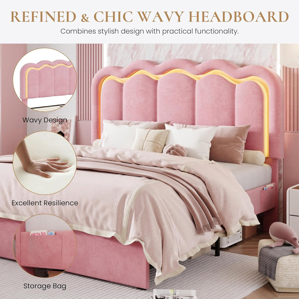 SHA CERLIN Upholstered Full Size Bed Frame with LED Lights and Large Storage Drawer, Velvet Platform Bed with Adjustable Wavy Headboard, Noise Free, Easy Assembly, No Box Spring Needed, Soft Pink