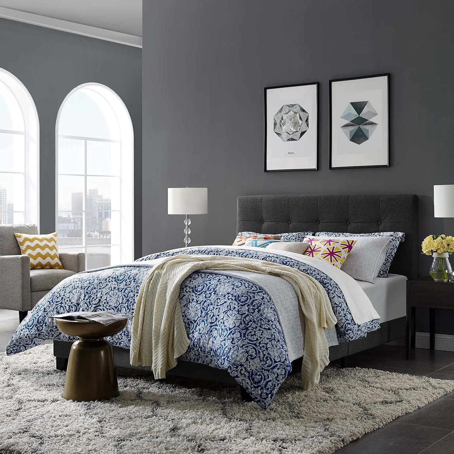 Modway Amira Tufted Fabric Upholstered Full Bed Frame With Headboard In Gray