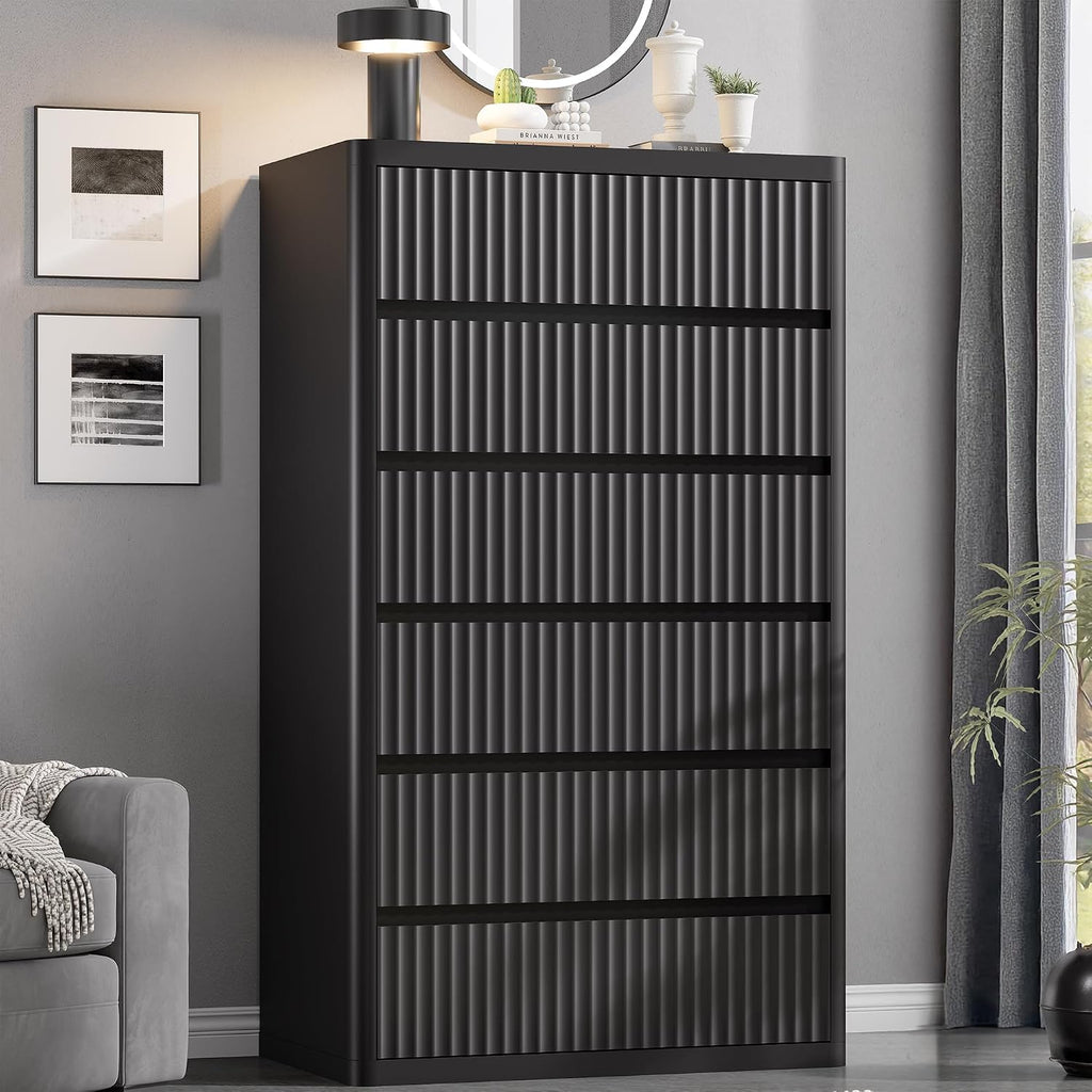 Standifurno Black 56' Tall Dresser for Bedroom, Fluted Modern 6 Drawers Deep Dressers, Wood Chest of Drawers with Handleless, Curved Profil Storage Closet Dressers for Bedroom, Living Room, Hallway
