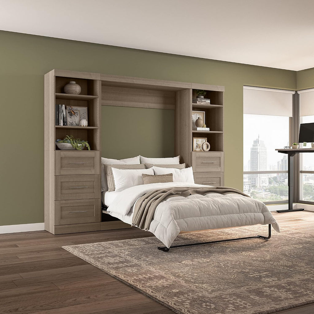 Bestar Pur Full Murphy Bed and 2 Shelving Units with Drawers, 109-inch Space-Saving Sleeping Arrangement in Ash Gray