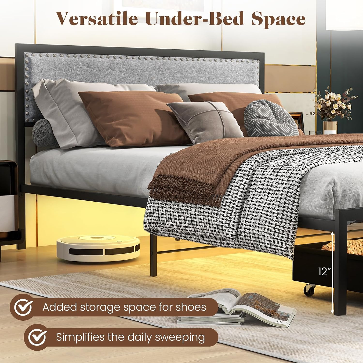 Giantex Queen Bed Frame with LED Lights and 2 Storage Drawers, Upholstered LED Platform Bed with Linen Fabric Headboard, Metal Slats Support, No Box Spring Needed, Light up Bed Frame, Grey