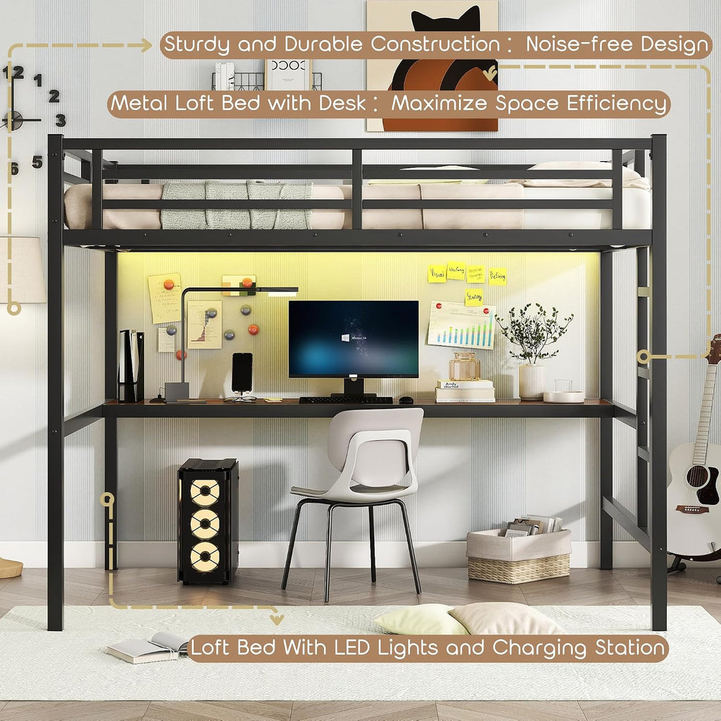 Bellemave Full Loft Bed with Desk, Metal Loft Bed Frame with Ladder, LED Lights and Power Outlet for Kids, Boys, Girls, No Spring Box Needed, Black