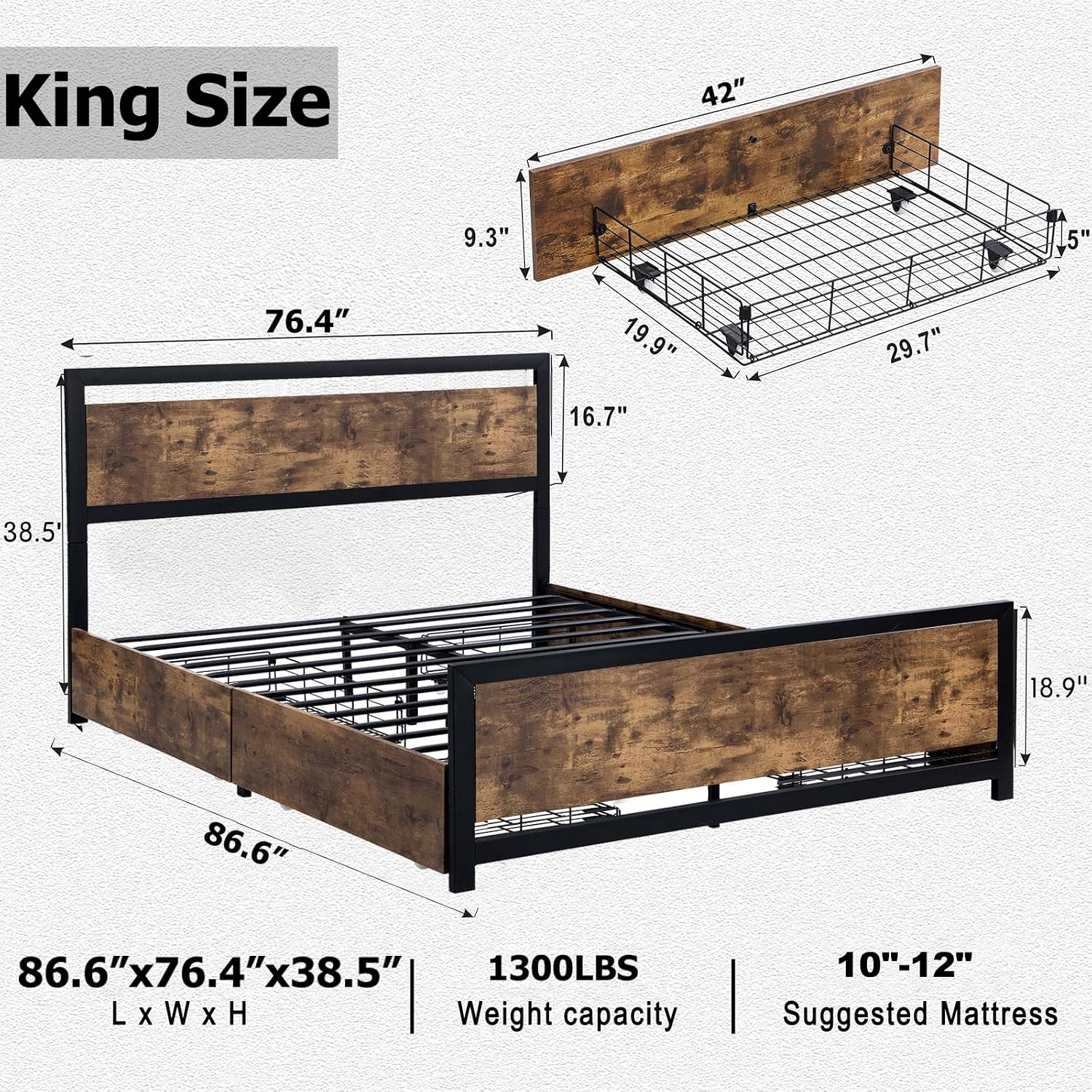Ailisite King Size Bed Frame with 4 Storage Drawers, Rustic Farmhouse Wood Bed Frame with Headboard and Charging Station, Metal King Platform Bed with Led Lights, No Box Spring Needed, Noise Free