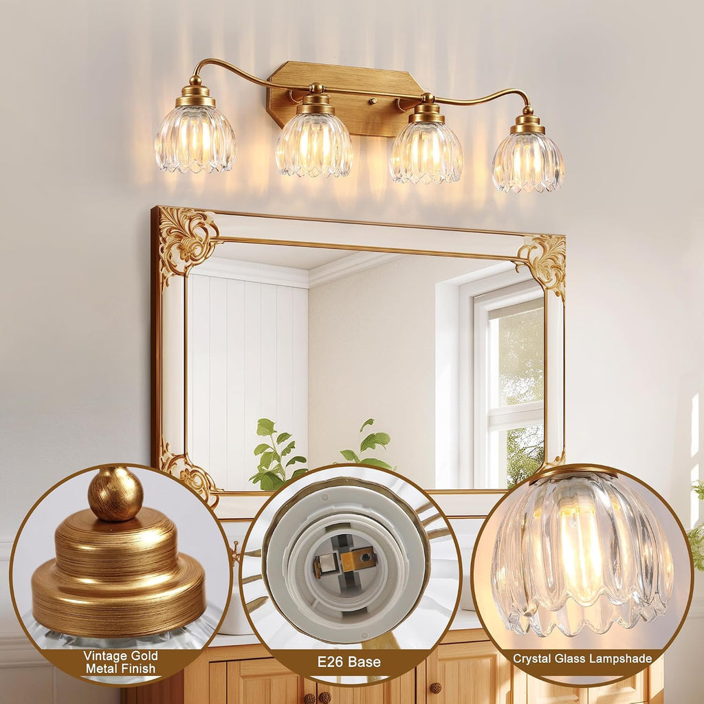 Vintage Bathroom Light Fixtures, 4 Light Gold Bathroom Vanity Light, Matte Antique Brass Finish with Crystal Glass Shade, Wall Sconces Lighting for Bedroom, Living Room, Hallway