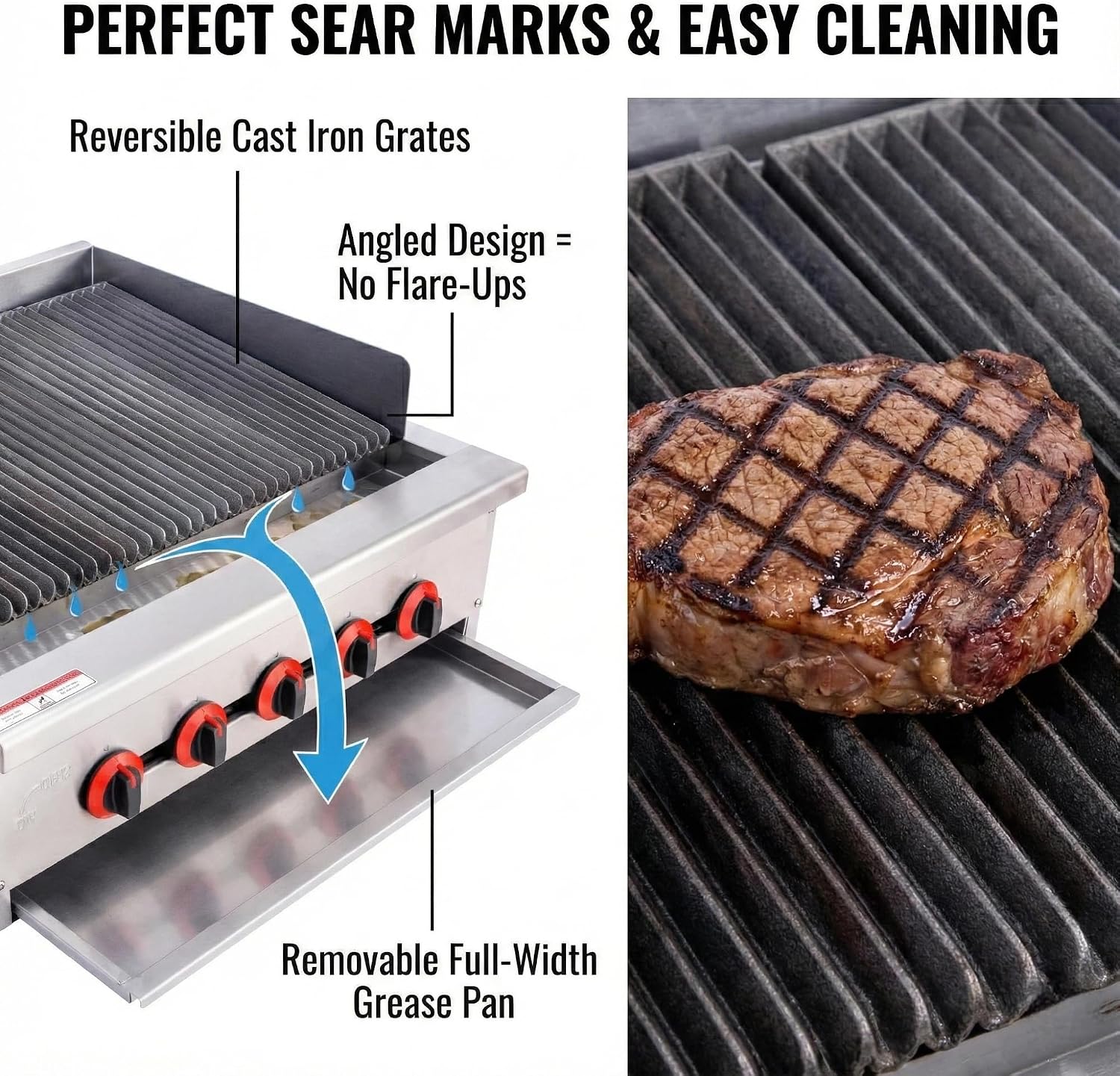 Commercial Gas Charbroiler, 36' 6-Burner 120,000 BTU Heavy-Duty Countertop Grill with Radiant Burners, ETL Certified, for Restaurants & Commercial Kitchens