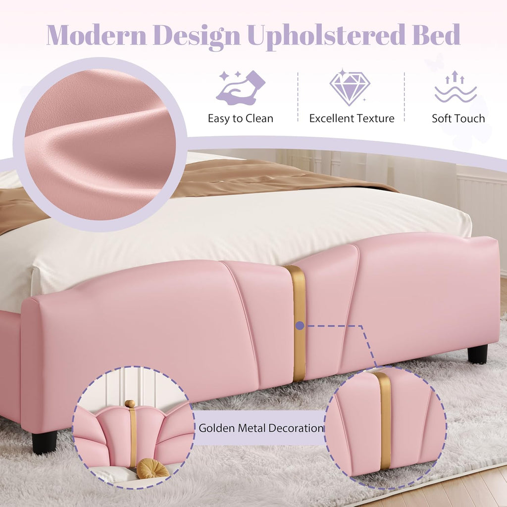 Merax PU Leather Upholstered Platform Bed with Butterfly Shaped Headboard and Footboard, Queen Size Bed Frame for Bedroom, Solid Wood Slats Support, No Box Spring Needed, Easy Assembly, Light Pink