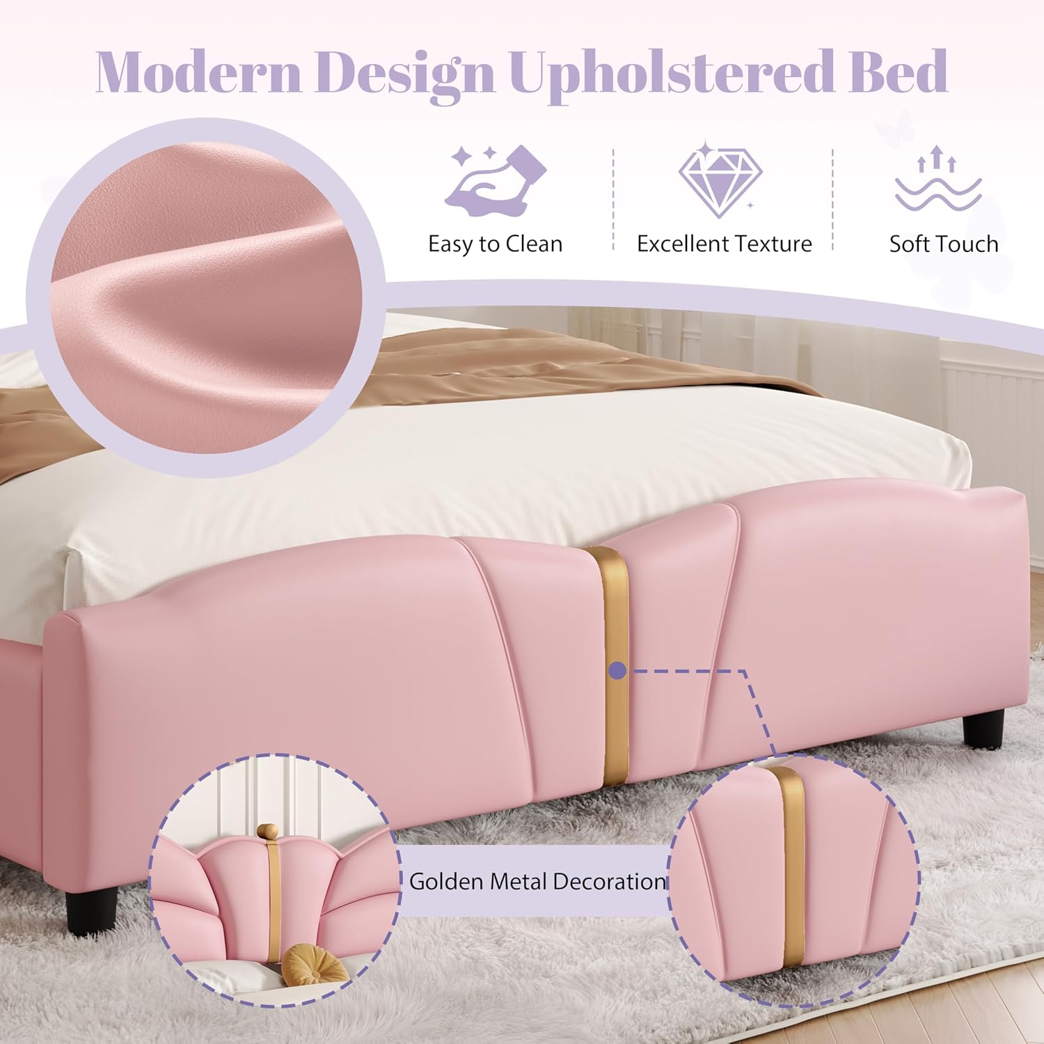 Merax PU Leather Upholstered Platform Bed with Butterfly Shaped Headboard and Footboard, Queen Size Bed Frame for Bedroom, Solid Wood Slats Support, No Box Spring Needed, Easy Assembly, Light Pink