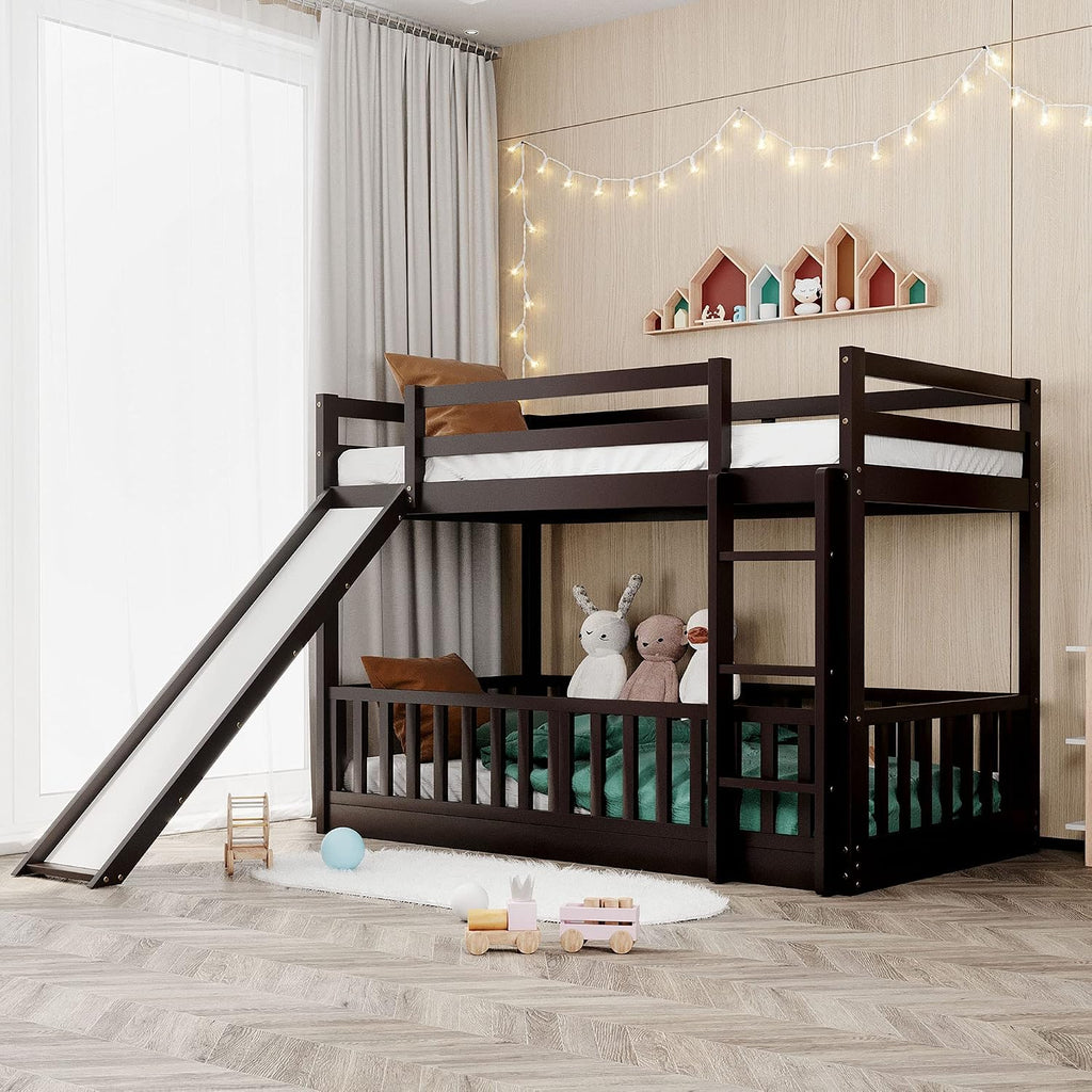 Bellemave Kids Bunk Beds with Slide, Twin Over Twin Bunk Beds with Ladder for Boys Girls, 3 Assembly Methods, Espresso