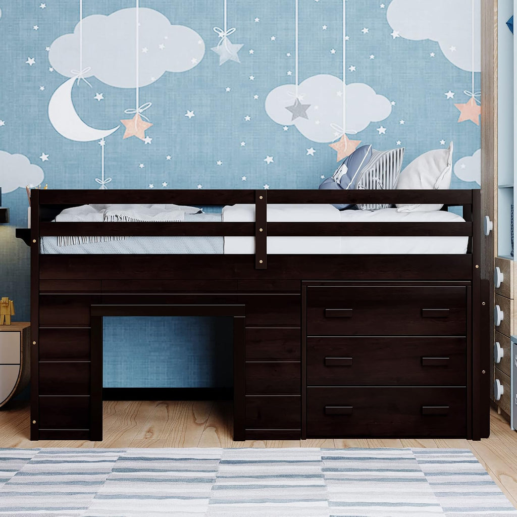 Ball & Cast Twin Size Low Loft Bed with Safety Guardrail & Stair,Wooden Bedframe W/Cabinet & Shelf,Solid Construction,No Spring Box Needed,Furniture Set for Boys Girls Keens Study Bedroom,Espresso
