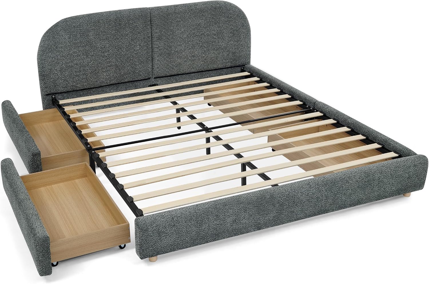 Queen Size Floor Bed Frame with 4 Wheeled Storage Drawer and Tall Curved Headboard, Modern Minimalist Style Upholstered Platform Bed Frame, Wooden Slats Support, Easy Assembly, Dark Grey