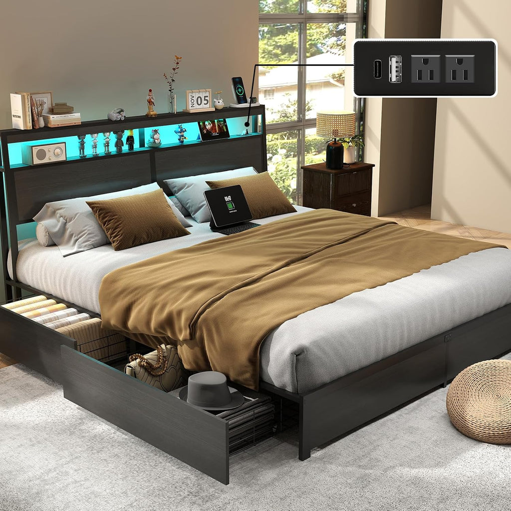 King Bed Frame with 2-Tier Storage Headboard and 4 Drawers, Metal Platform Bed Frame with LED & Charging Station, No Box Spring Needed/Noise Free/Easy Assembly, Rustic Grey