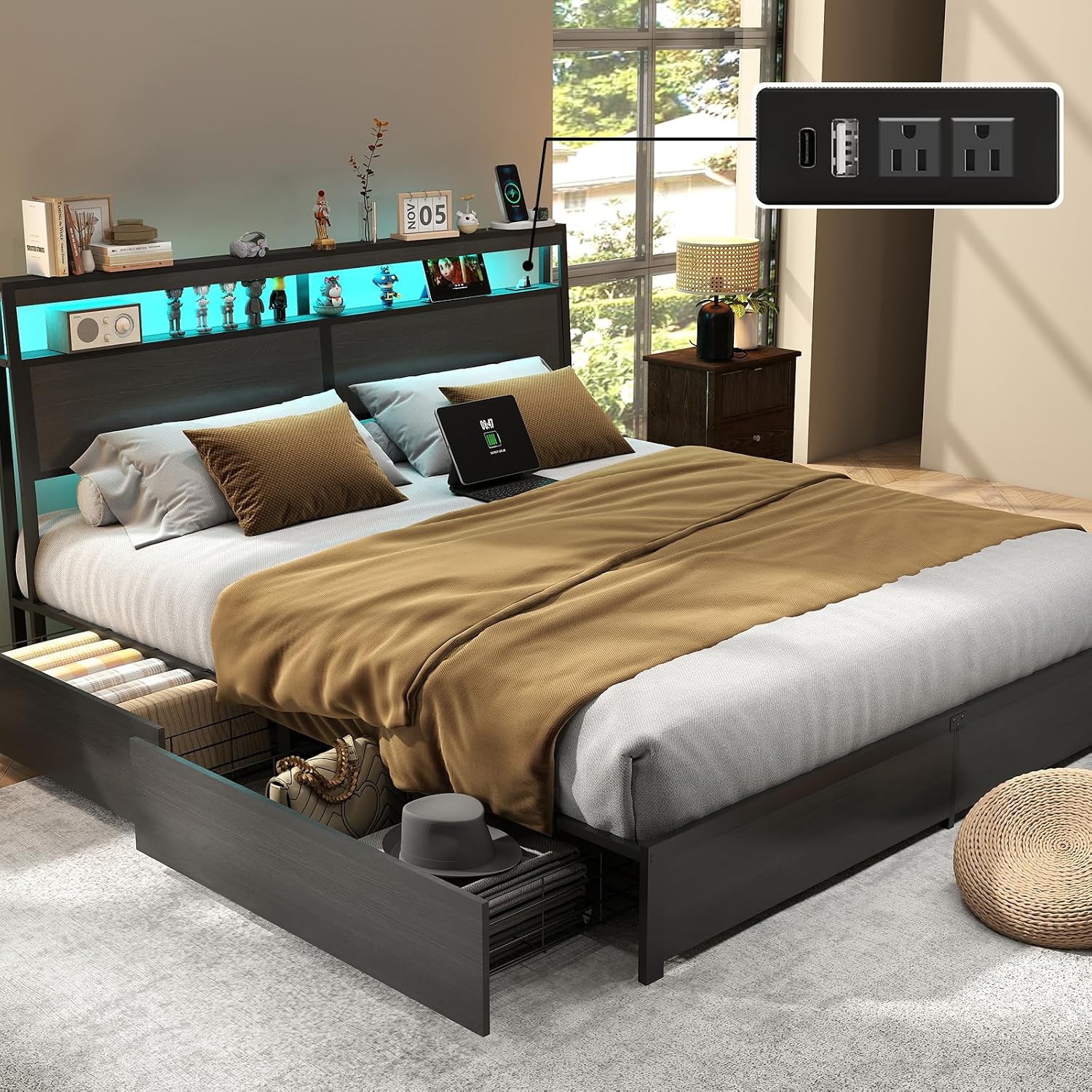 King Bed Frame with 2-Tier Storage Headboard and 4 Drawers, Metal Platform Bed Frame with LED & Charging Station, No Box Spring Needed/Noise Free/Easy Assembly, Rustic Grey