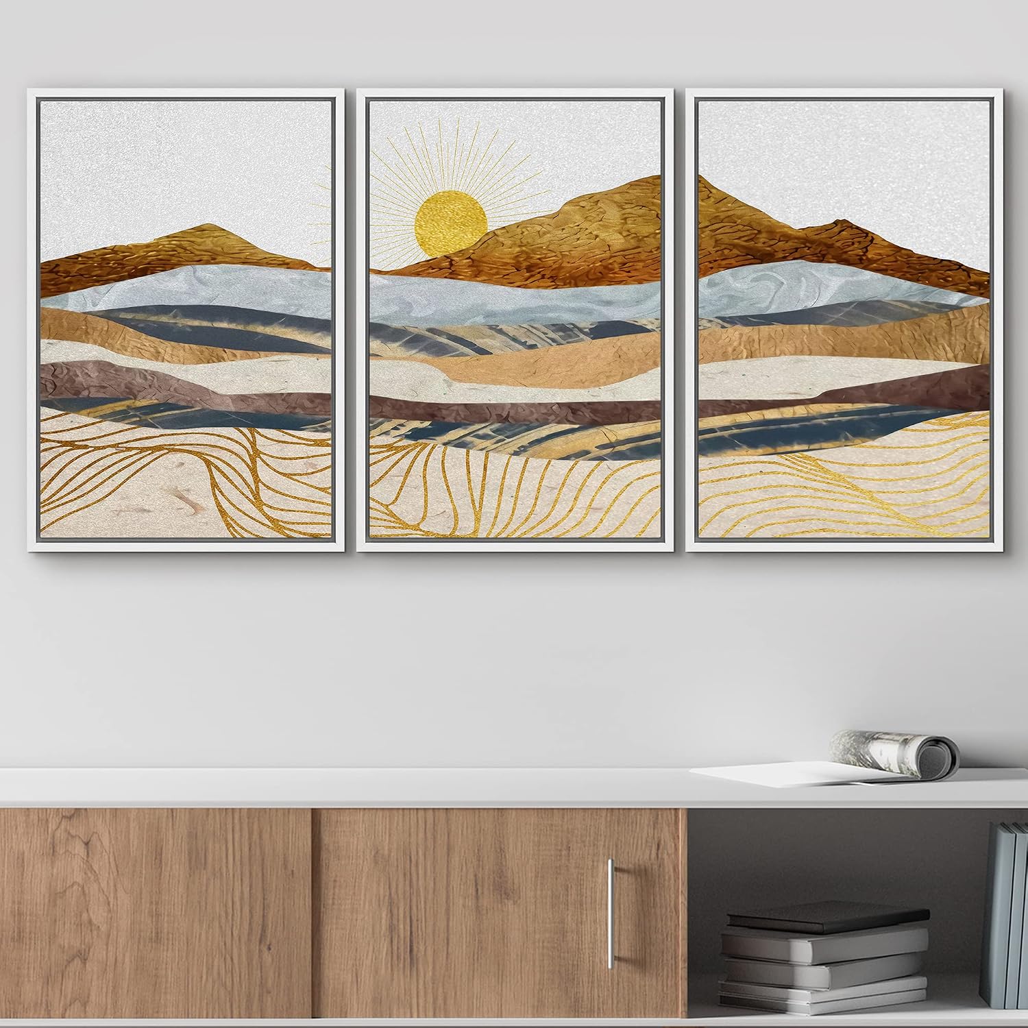wall26 Framed Canvas Print Wall Art Set Gold Wave Geometric Mountain Range Nature Wilderness Illustrations Modern Art Decorative Landscape Zen for Living Room, Bedroom, Office - 16'x24'x3 White