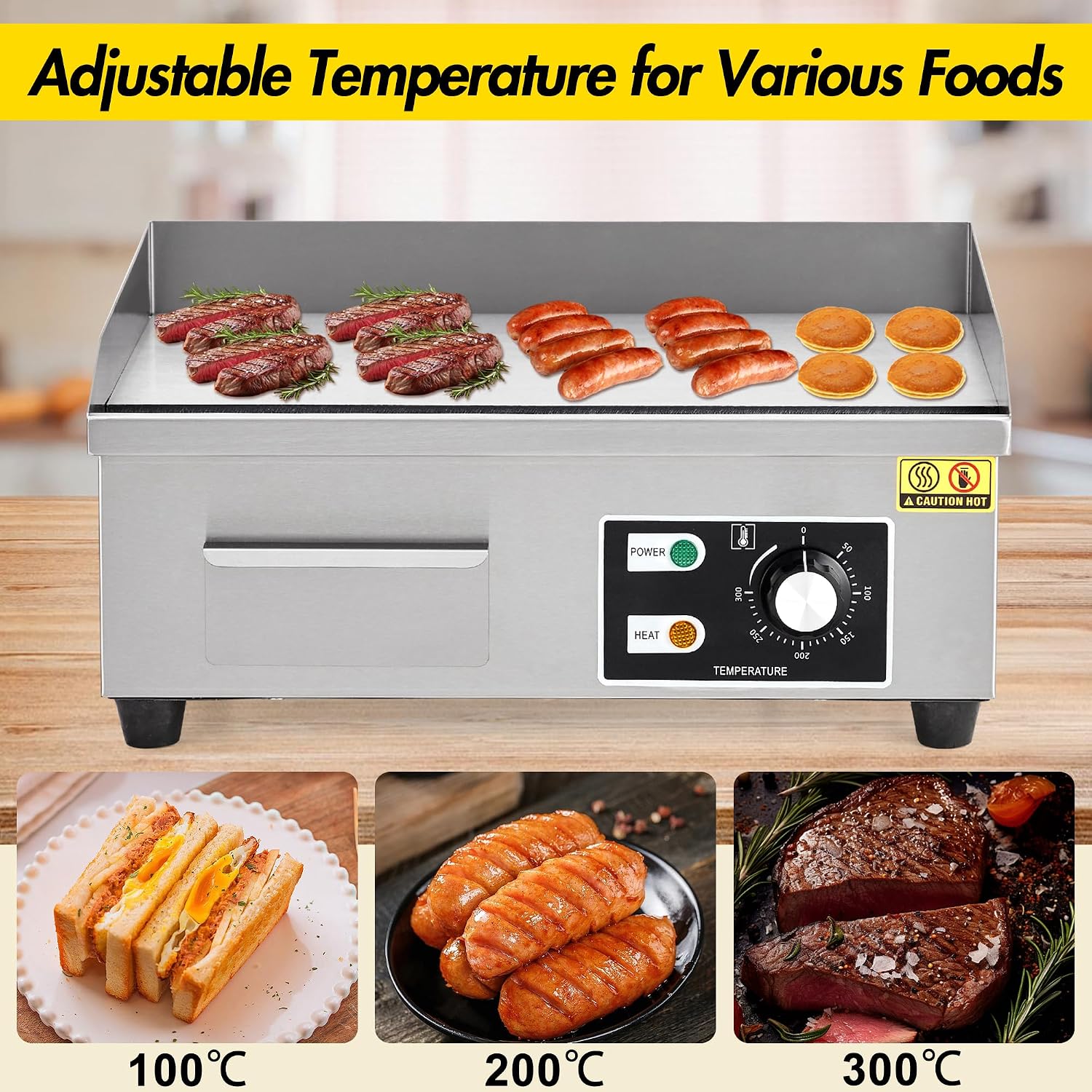 18 Inch Commercial Electric Griddle, 1600W Stainless Steel Flat Top Grill with 122-572°F Adjustable Temp, 2 Shovels, 2 Brushes, Indoor Countertop BBQ Teppanyaki Grill for Home Restaurants