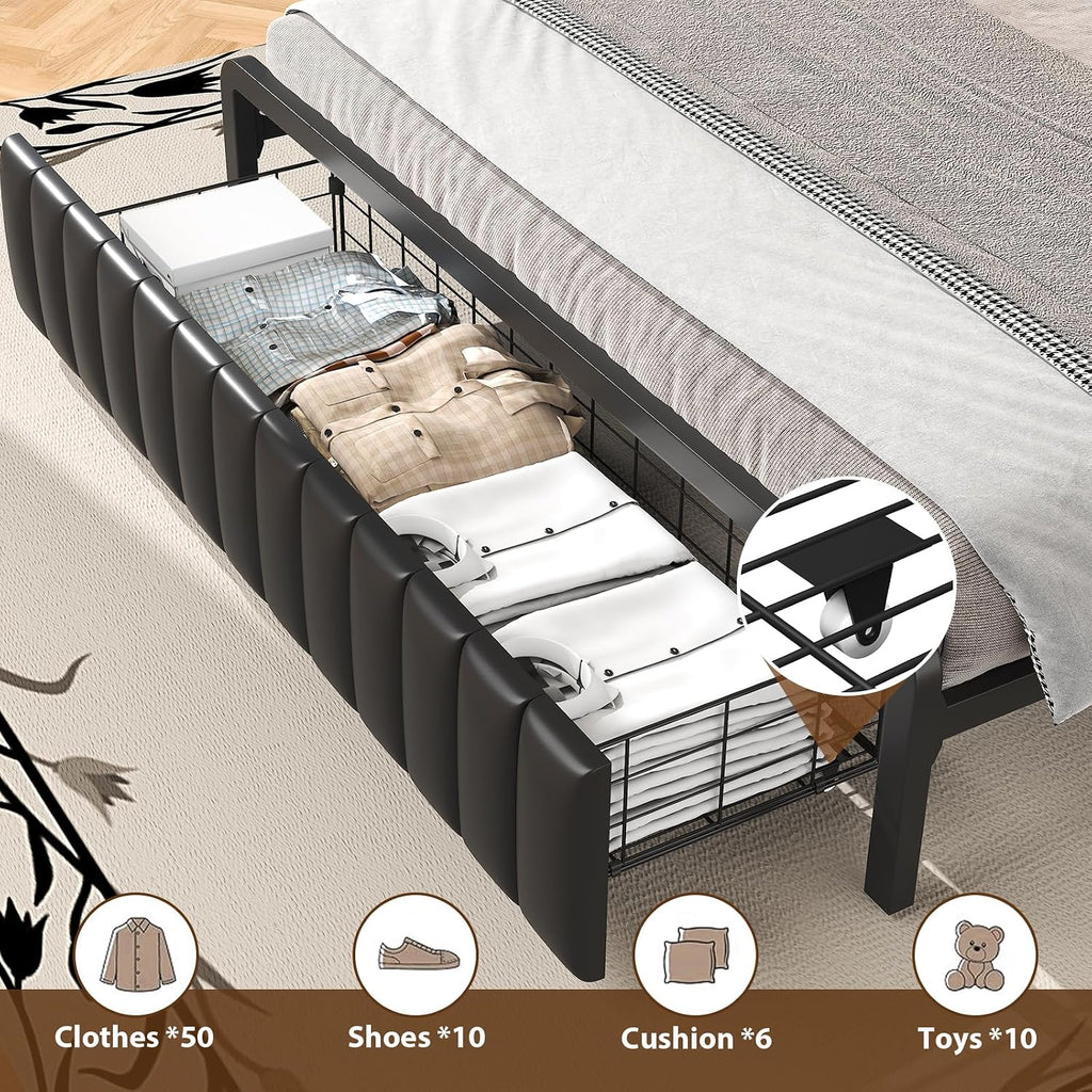 LOEWAY Queen Storage Bed Frame, Upholstered Platform with Drawers and Headboard, LED Lights & Charging Station, Under Bed Storage, No Box Spring Needed, Black