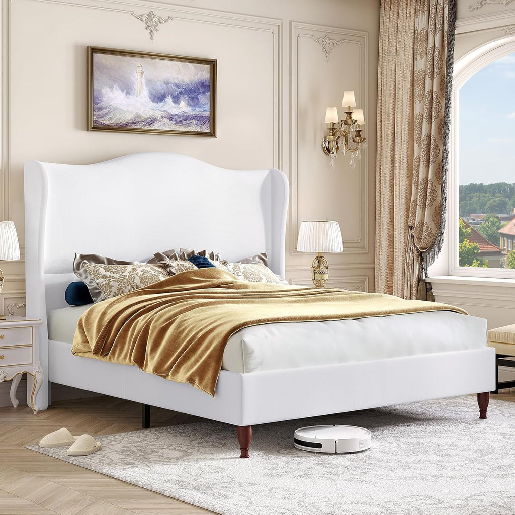 koorlian Full Size Bed Frame with 51' Tall Headboard, Fully Upholstered Platform Bed Frame with with Soft Fabric, Sleigh Wingback, Solid Wood Retro Legs, Modern Minimalist Style, Easy Assembly, White