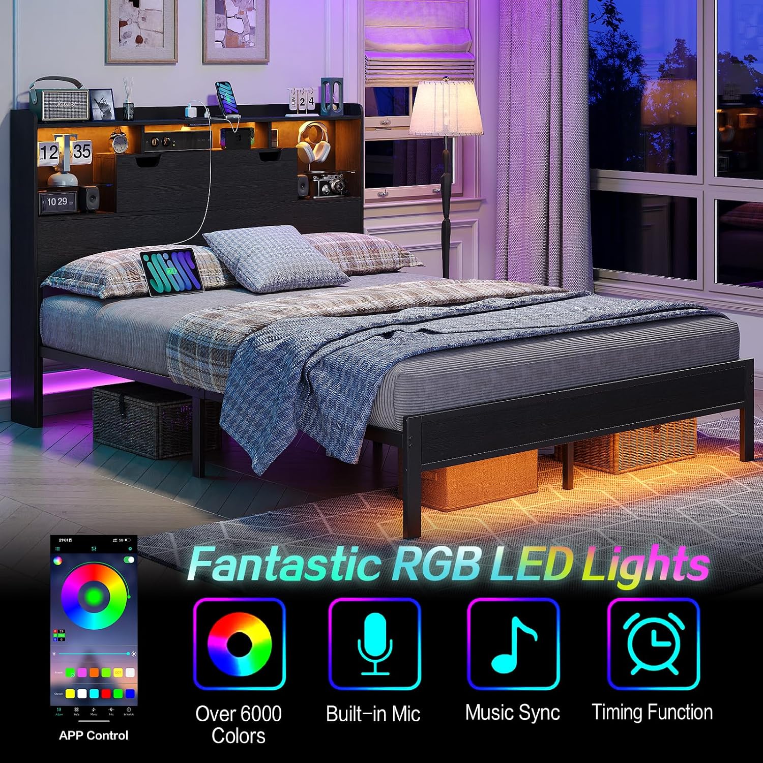 Queen Size Bed Frame with RGB LED Lights & Charging Station, Heavy-Duty Metal Platform Bed with Wood Storage Headboard for Teens & Adults, No Box Spring Needed, Noise-Free, Black