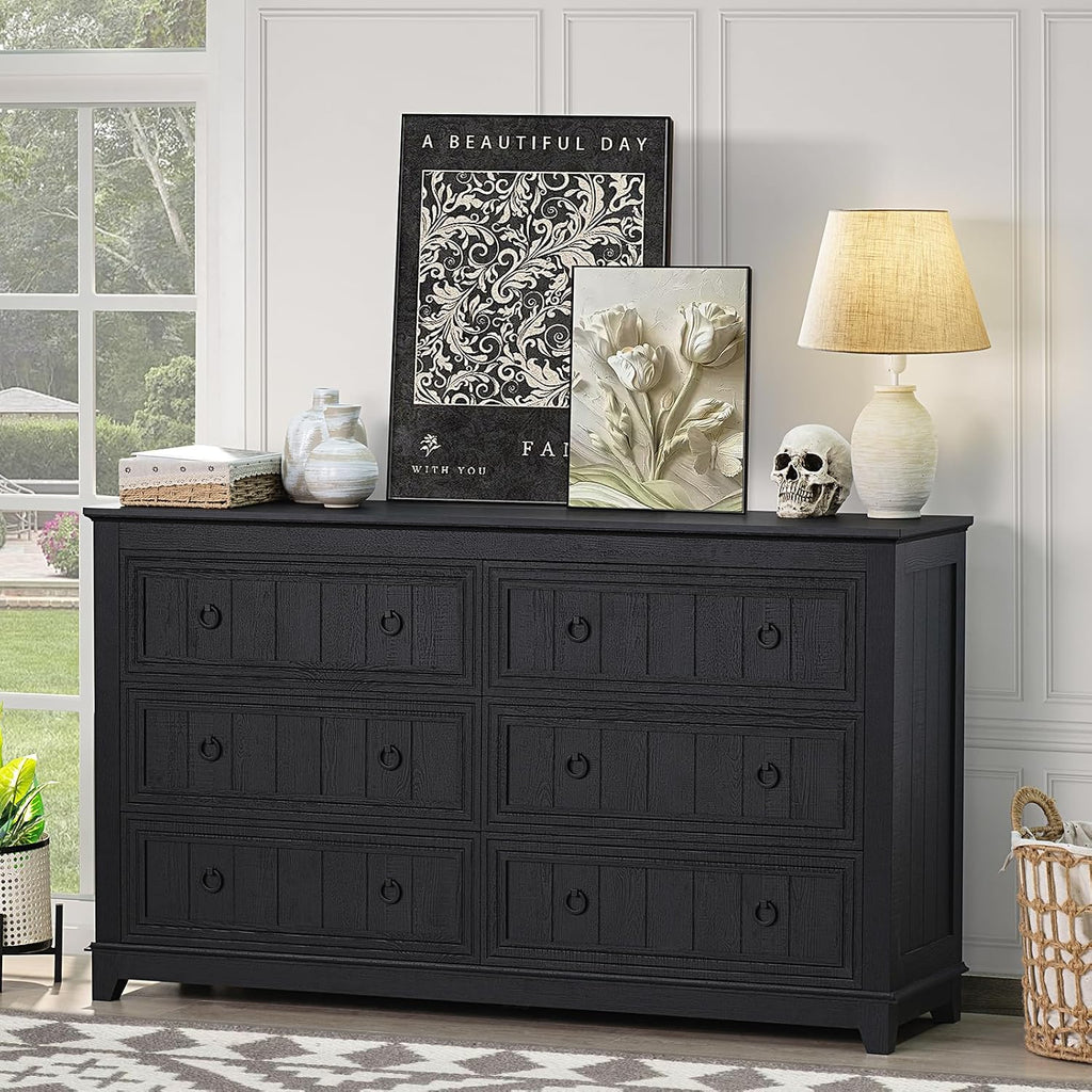 Joaxswe 6 Drawers Dresser for Bedroom, Farmhouse 54 Inch Wide Wood Dresser Chest of Drawers, Vintage Design TV Stand, Rustic Storage Dressers Organizer for Bedroom, Living Room, Hallway - Retro Black