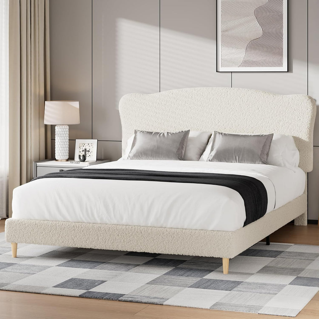 GarveeHome Queen Size Bed Frame with Upholstered Headboard, Soft Low Profile Sturdy Platform Bed with Rounded Corners Design, Heavy Duty, Wooden Slats, Noise Free, No Box Spring Needed, Beige