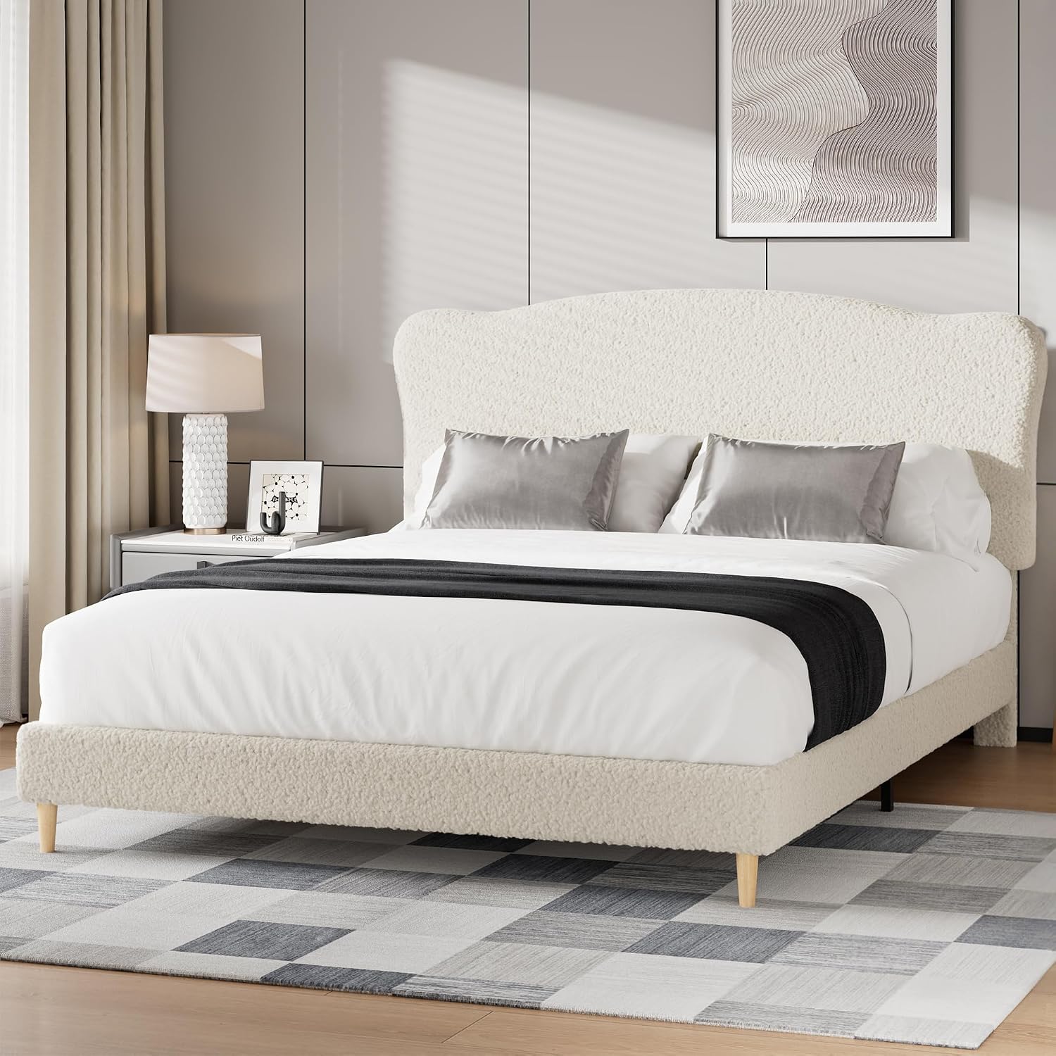GarveeHome Queen Size Bed Frame with Upholstered Headboard, Soft Low Profile Sturdy Platform Bed with Rounded Corners Design, Heavy Duty, Wooden Slats, Noise Free, No Box Spring Needed, Beige