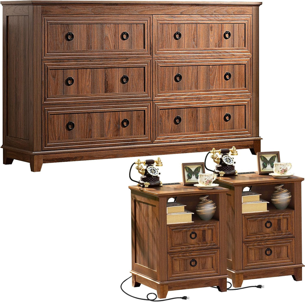 Joaxswe Farmhouse Furniture Set, Nightstands Set of 2 and 6 Drawers Dresser for Bedroom, 54 Inch Wide Wood Dresser and 18' Night Stands with Charging Station for Bedroom, Living Room, Hallway