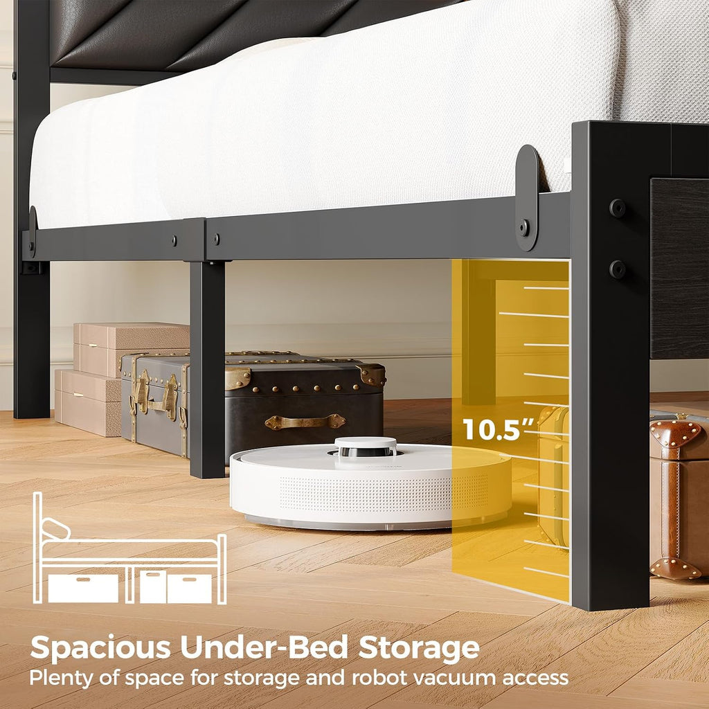Seventable King Size Bed Frame with Charging Station & LED Lights, Upholstered Headboard with 2-Tier Storage Shelves, Metal Platform with Under Bed Storage, No Box Spring Needed, Easy Assembly, Black