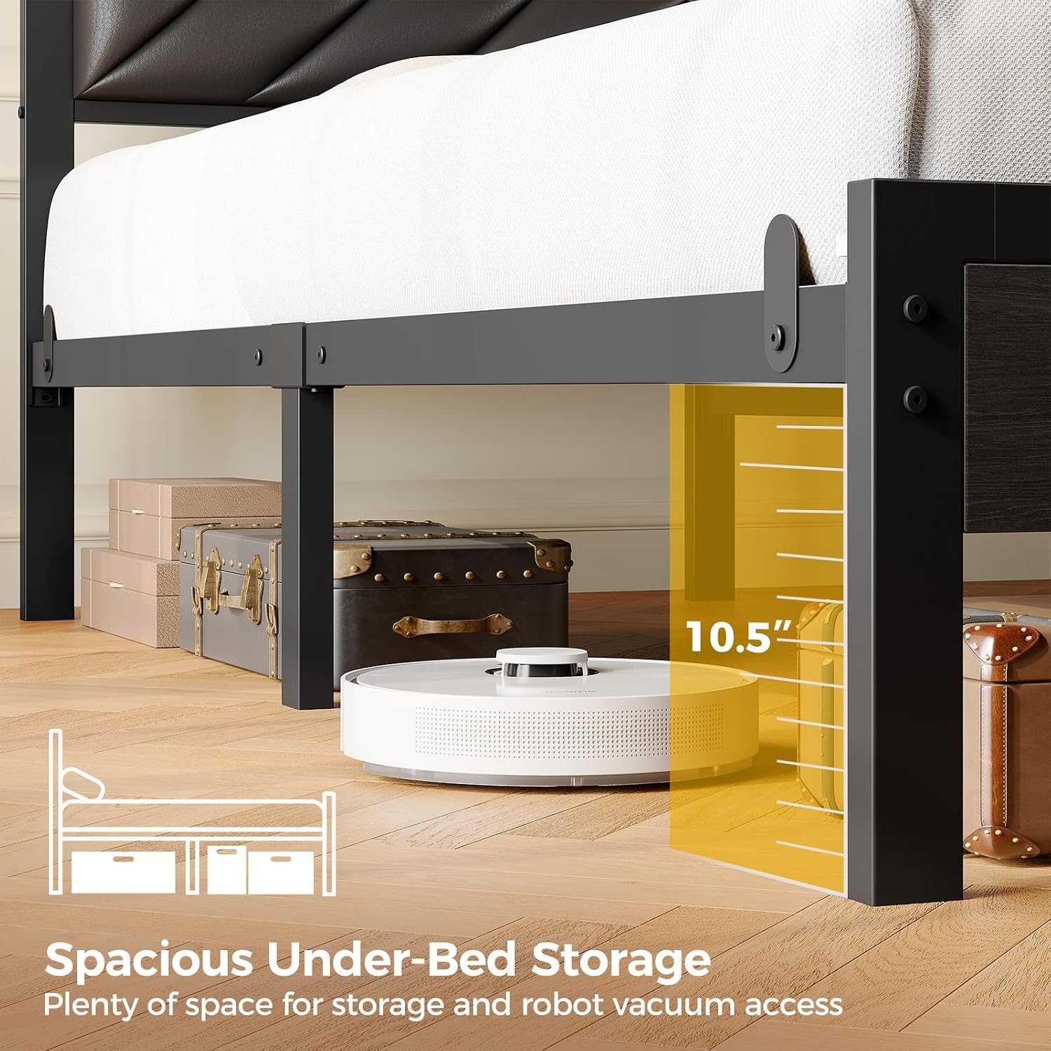 Seventable King Size Bed Frame with Charging Station & LED Lights, Upholstered Headboard with 2-Tier Storage Shelves, Metal Platform with Under Bed Storage, No Box Spring Needed, Easy Assembly, Black